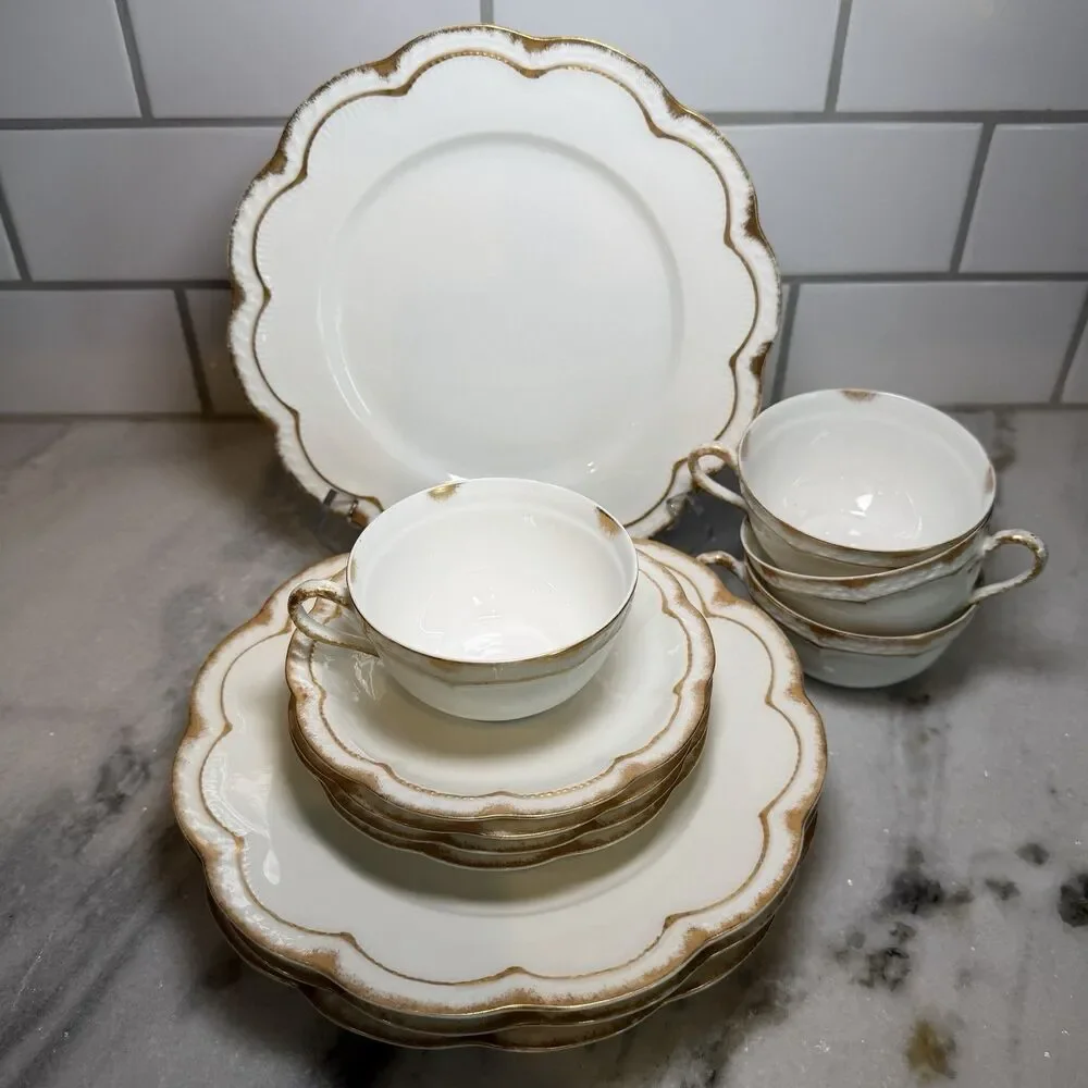 Antique Haviland Limoges Gold Dusted Rim Scalloped Plate Saucers Cups For 4 Set
